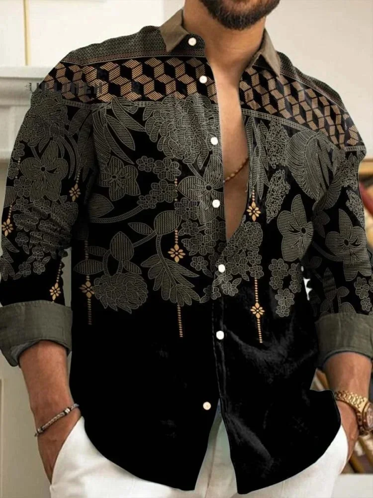 2025 秋の新メンズリネンファッションシャツプリント竹麻長袖シャツメンズストリートアロハシャツ