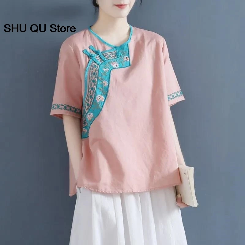 중국 면 및 대마 자수 상의, 동양 한푸, 루즈하고 편안한 상의, 중국 의류, 여름 신상