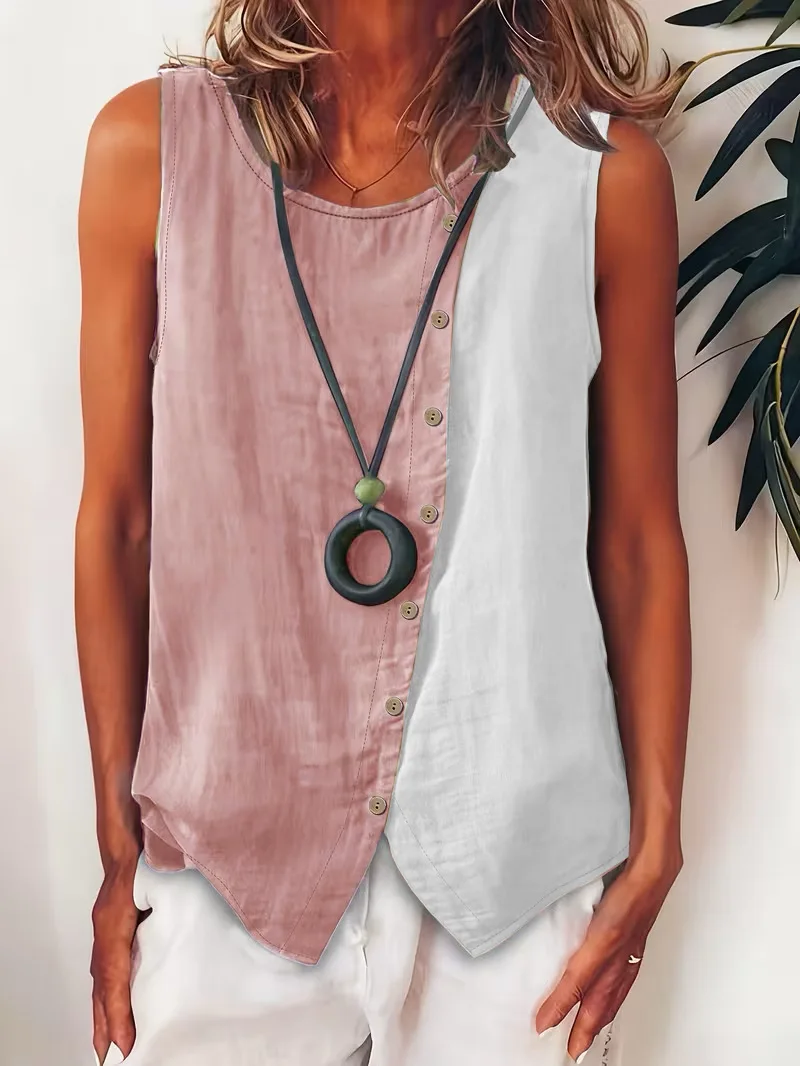 

2026 European and American New Women's Leisure Color-block Sleeveless Button Shirt with Side Single Row Buttons, Round Neck,
