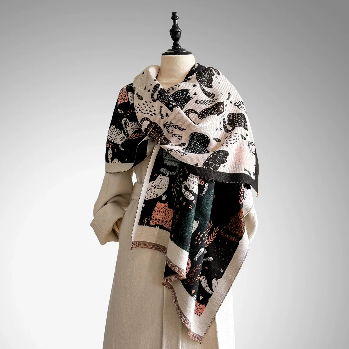 

New Fashion Brand Cute Cat Ladies' Jacquard Pashmina Cashmere Scarf Winter Thick Warmth Shawl Coldproof Windproof Blanket Scarf