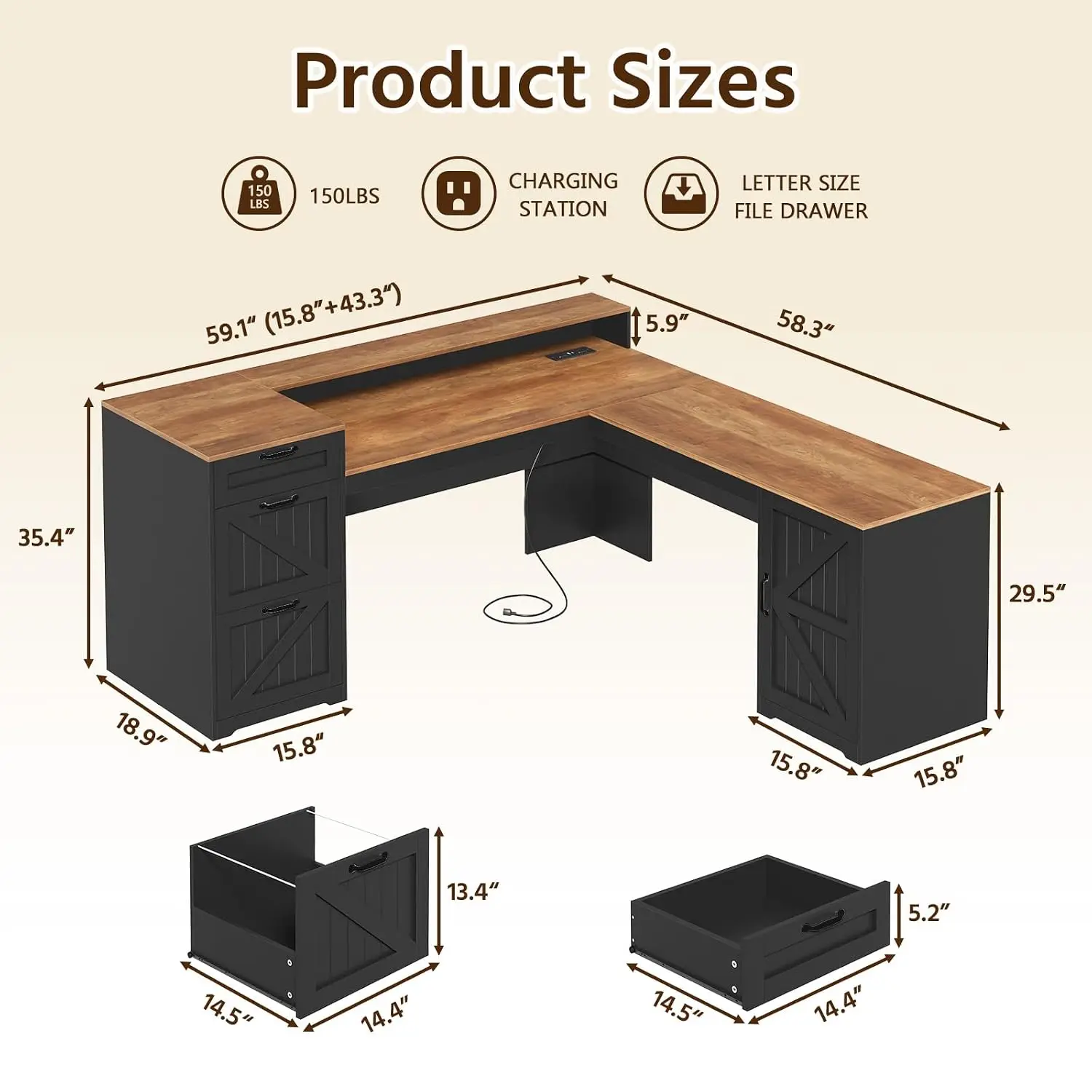 L Shaped Executive Desk With Drawers & Storage, 59