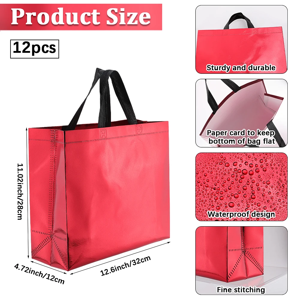 12Pcs 12.6 x 4.7 x 11 Inch Red Reusable Gift Bags with Handles Glossy Tote Bags Bulk Large Non Weaven Fabric Rectangle