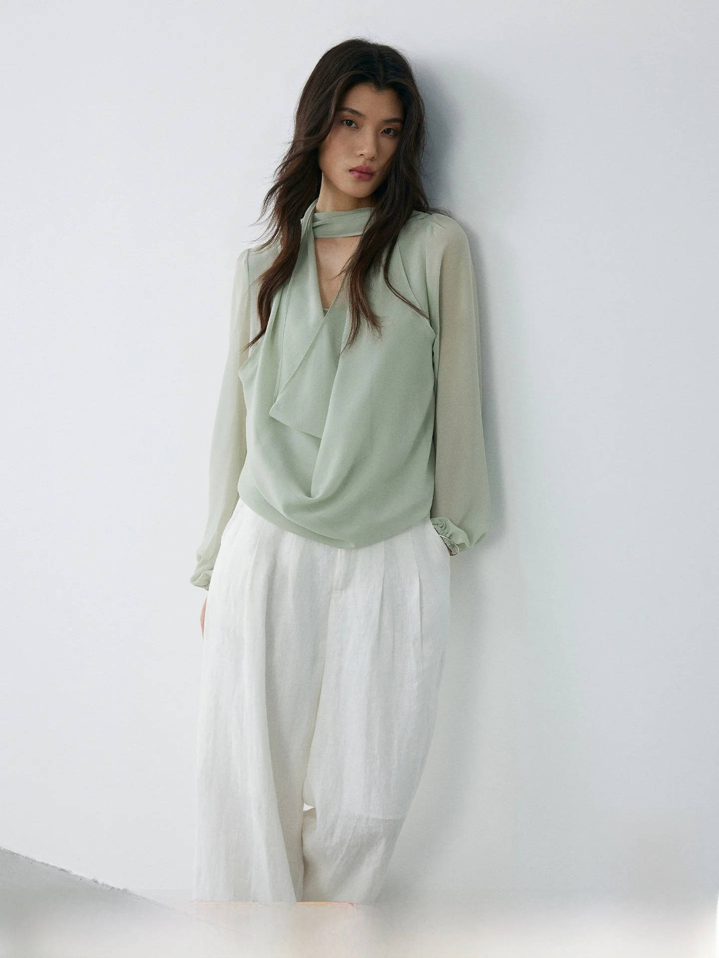 

KEARA Women's Long Sleeve Shirt Shawl Collar Translucent Design Loose Fit Polyester Fiber Breathable Comfortable Summer Shirt