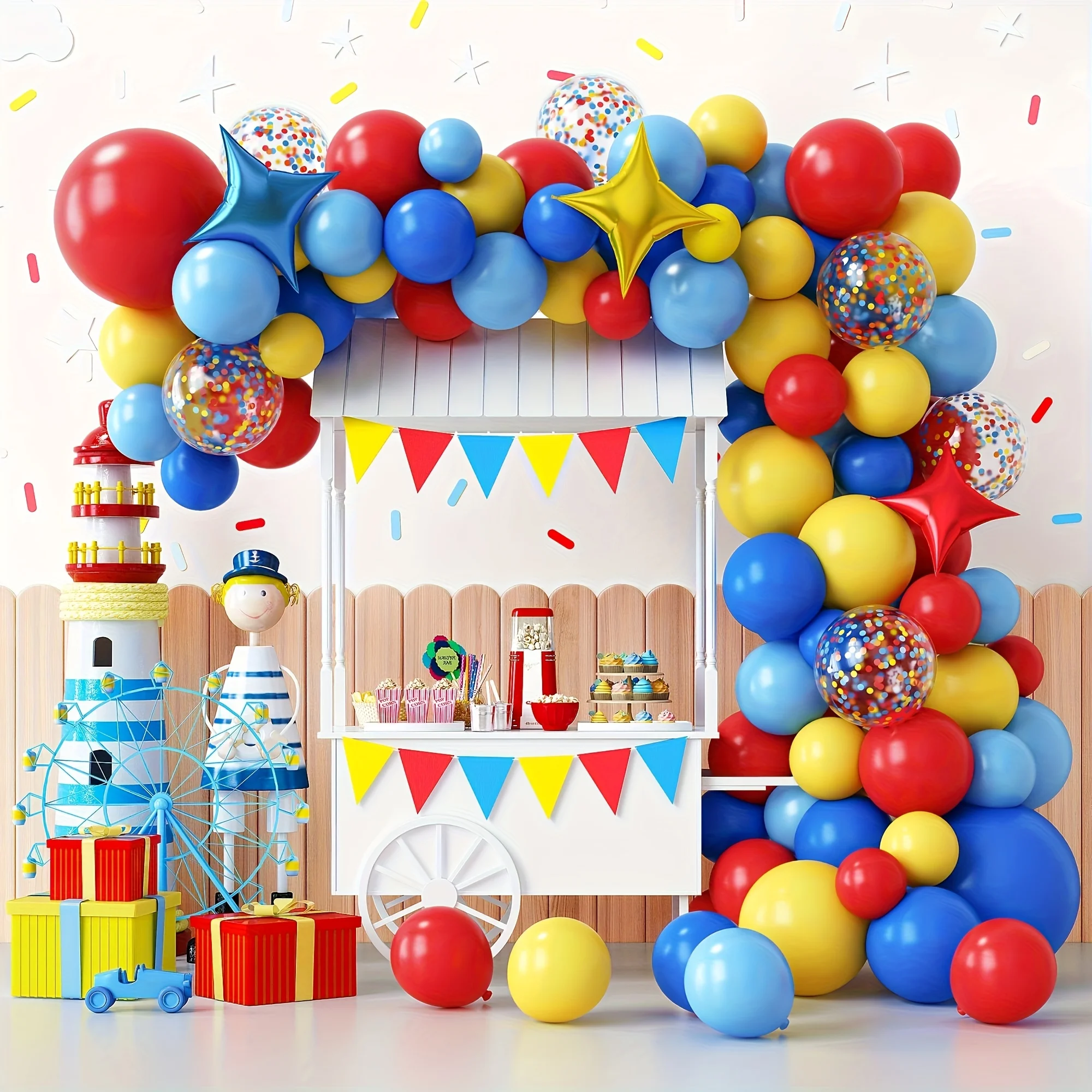 89 Uds. Juego de arco de corona de globos rojos, azules y amarillos, adecuado para cumpleaños, fiestas, decoración temática de carnaval, decoración de circo