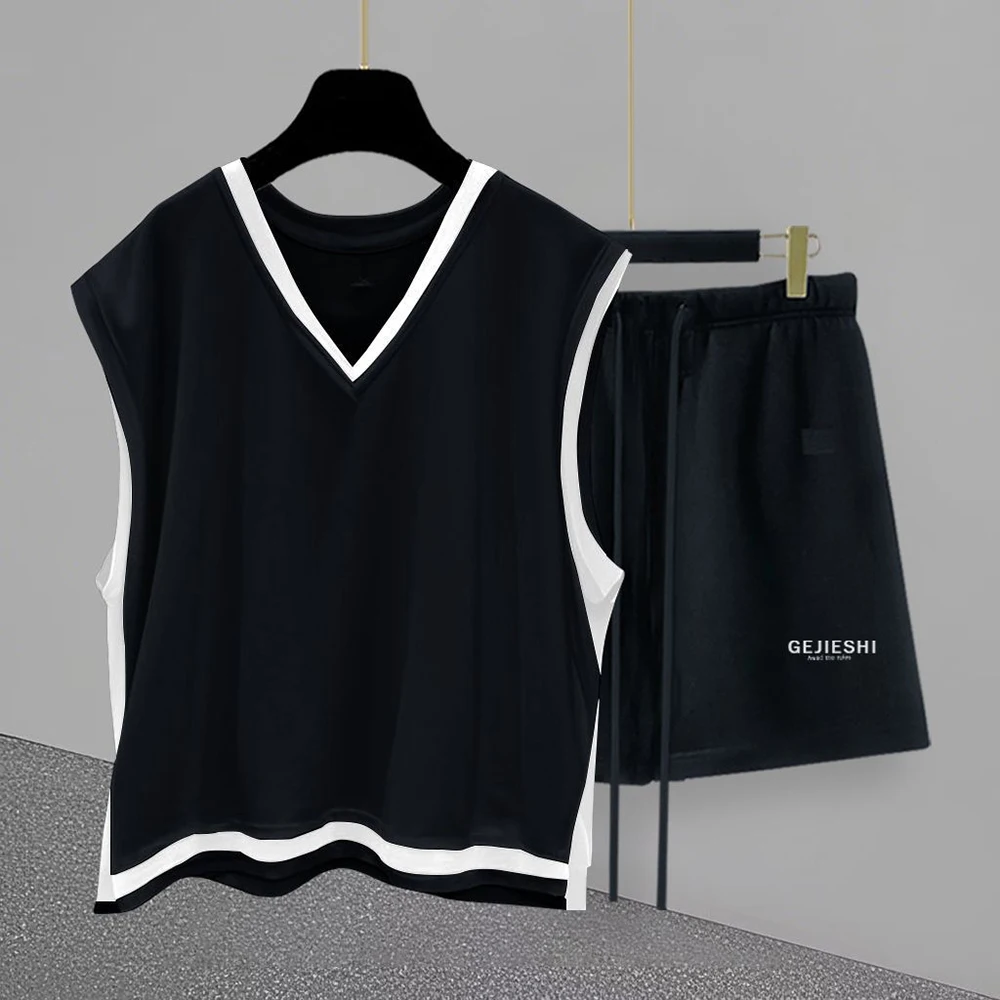 

Summer New Men's Color Matching Sleeveless T-Shirt Shorts Set Korean Retro Fashion Trend Leisure Loose Breathable Men's Set
