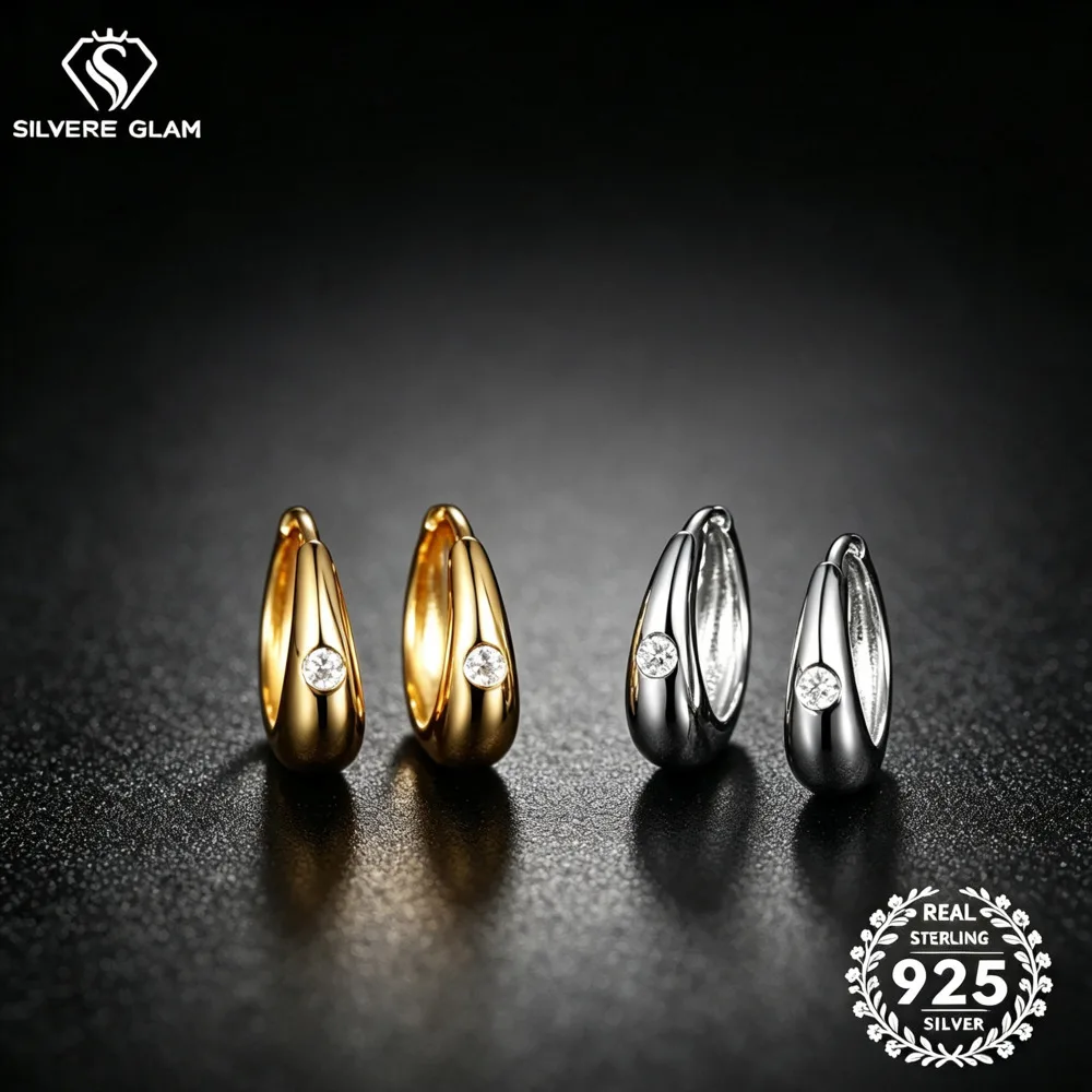 S925 Sterling Silver Solid Teardrop Huggie Hoop Earrings D VVS1 Moissanite Minimalist Smooth Surface Ladies Fashion Jewelry