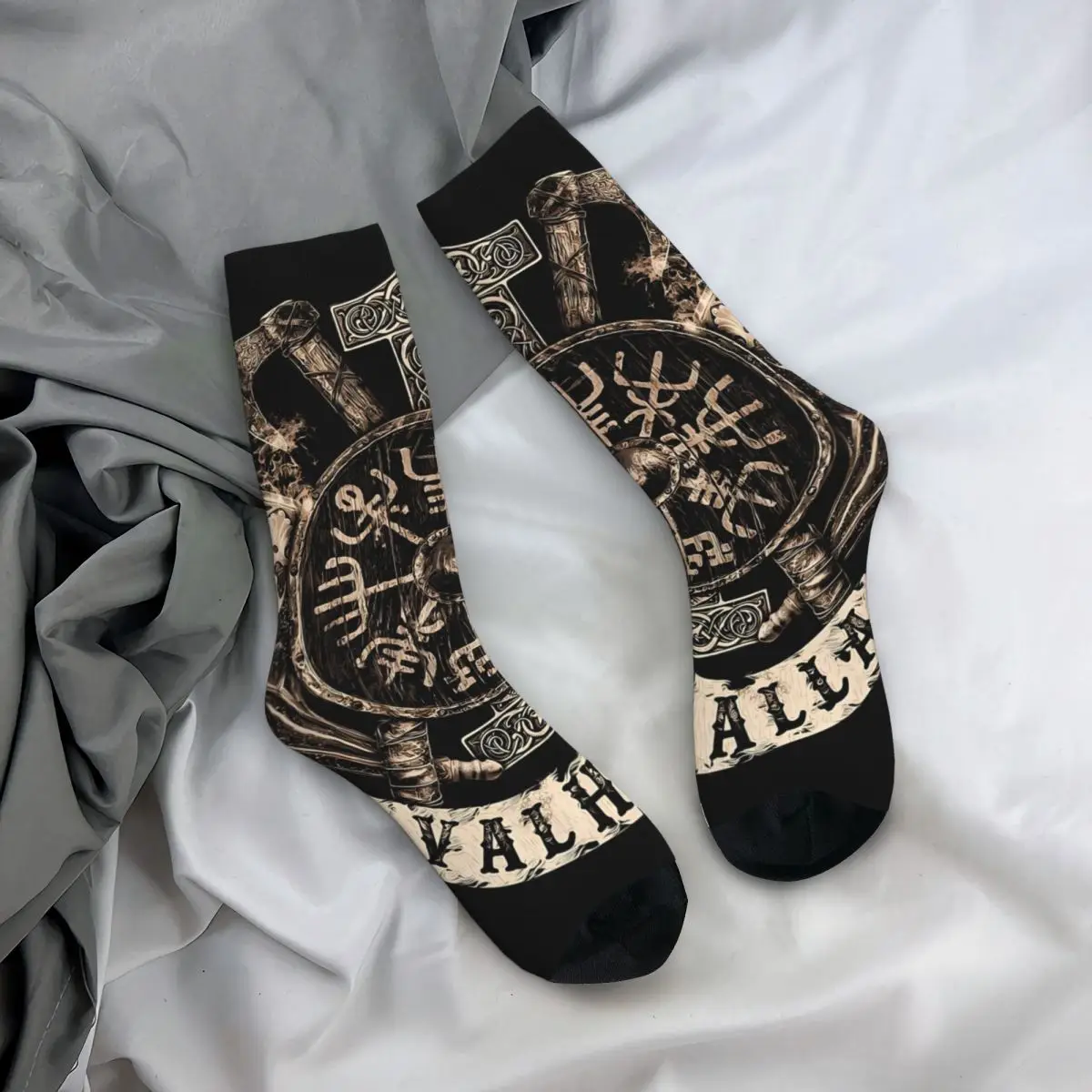 Funny Crazy Sock for Men Vegvisir Shield Hip Hop Viking Mythology Quality Pattern Printed Crew Sock Casual Gift