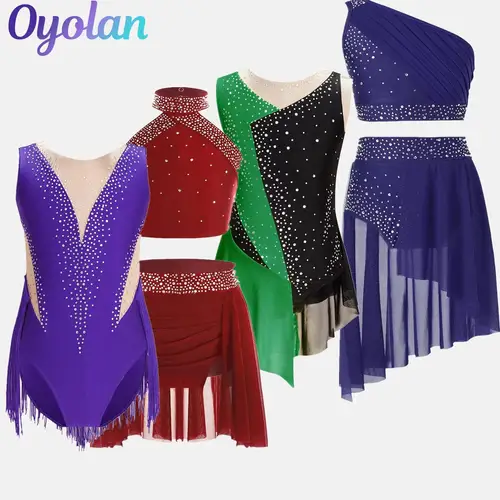 Tutú de Ballet con diamantes de imitación brillantes para niñas, leotardo de gimnasia, vestido de patinaje artístico atlético, disfraz de actuación de danza lírica