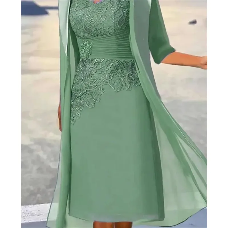 Mother of the Bride Dresses For Weddings Midi Dusty Blue Knee-Length Floral Lace Appliques Layered Ruched فستان
