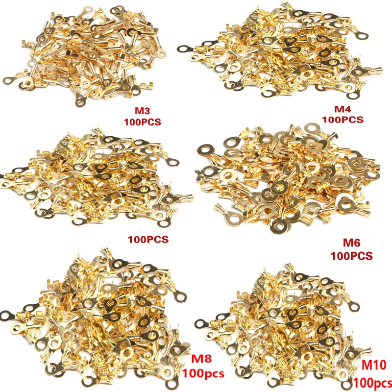 100Pcs M3 M4 M5 M6 M8 M10 Non-insulated Ring Cable Lugs Terminals Assorted Naked Connector Wire Cable Connectors Brass Terminals