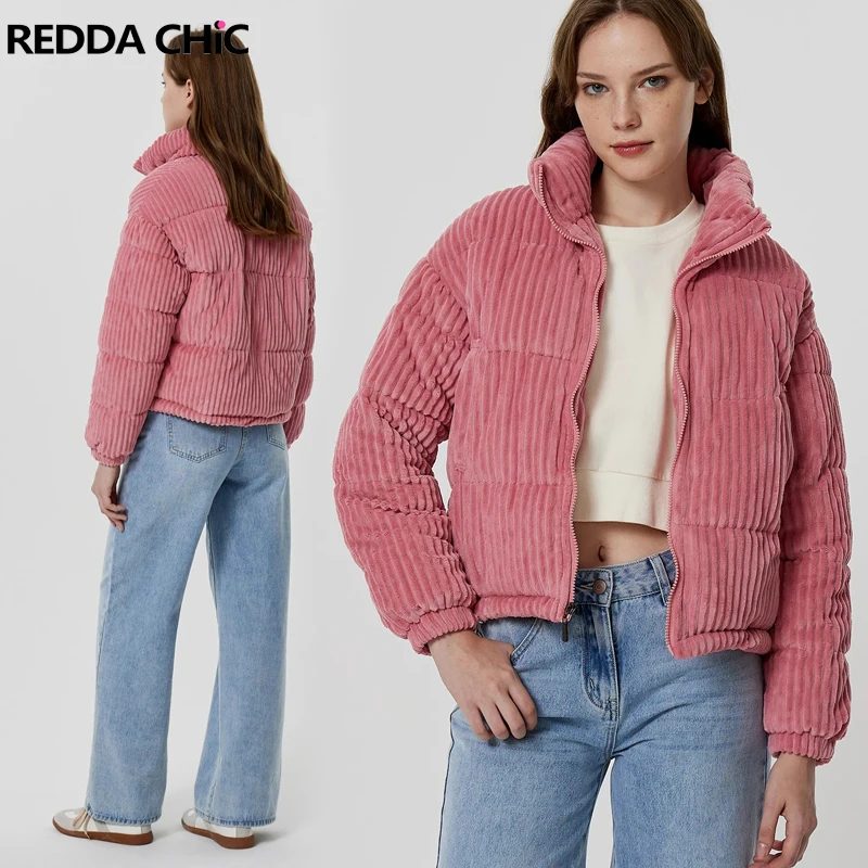 

REDDACHiC Pink Striped Corduroy Women Turtleneck Puffer Jacket Casual Thick Warm Cotton-Padded Crop Quilted Coat Winter Parkas