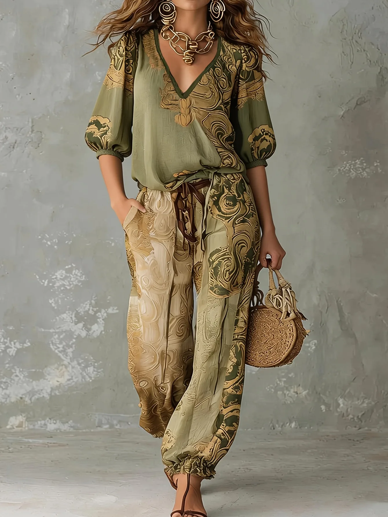 Retro Pattern Printed 2 Pieces Set for Woman Sexy Deep V Neck Top Blouses Elegant Outfit 2026 Summer Wide Leg Trousers Suit