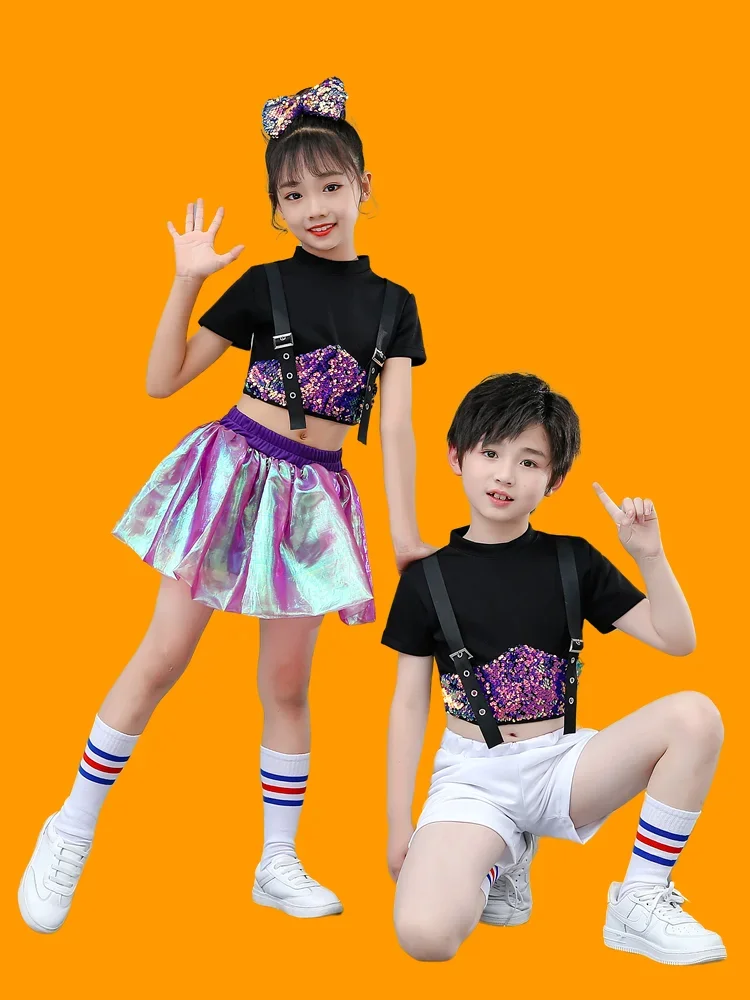 Children  Cheerleading Costumes Boys Girls Jazz Hip Hop Dance Children Sequined Dance Dress Ropa Hip Hop Mujer