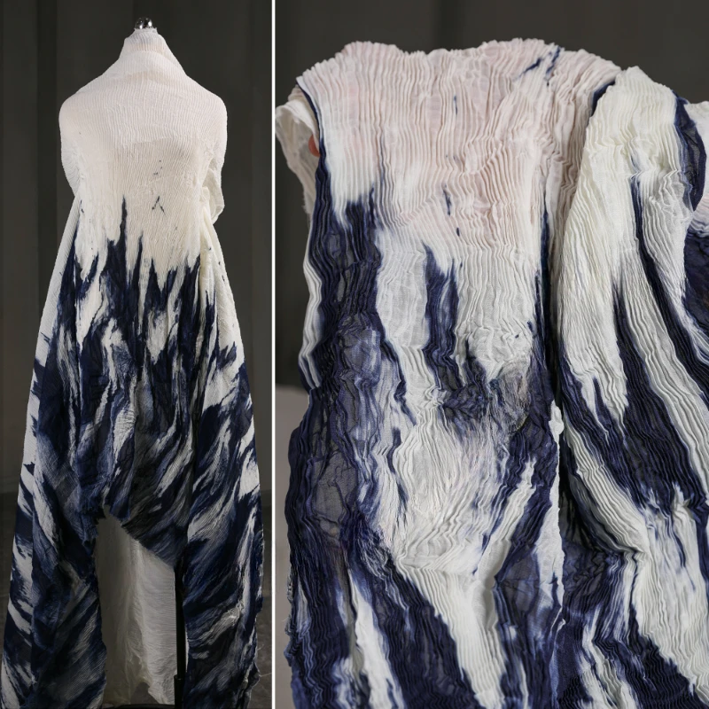 

Fabric Wide140cmx50cm Blended Material Blue and White Gradient Folding Vintage Tie-Dyed Pleated Creative DIY Coat AutumnClothing