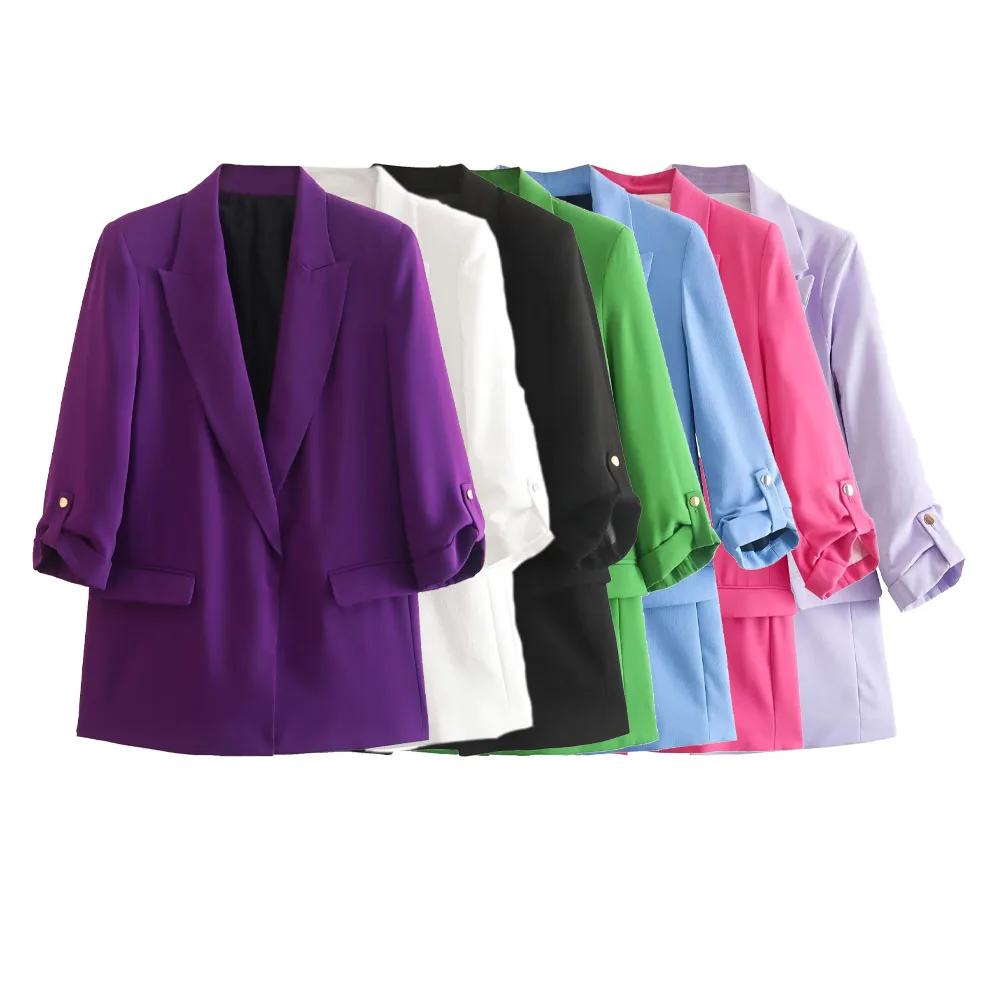 2024 Spring New Product Women\'s Retro Casual Versatile Polo Collar with Rollup Sleeves Solid Color Slimming Suit Coat