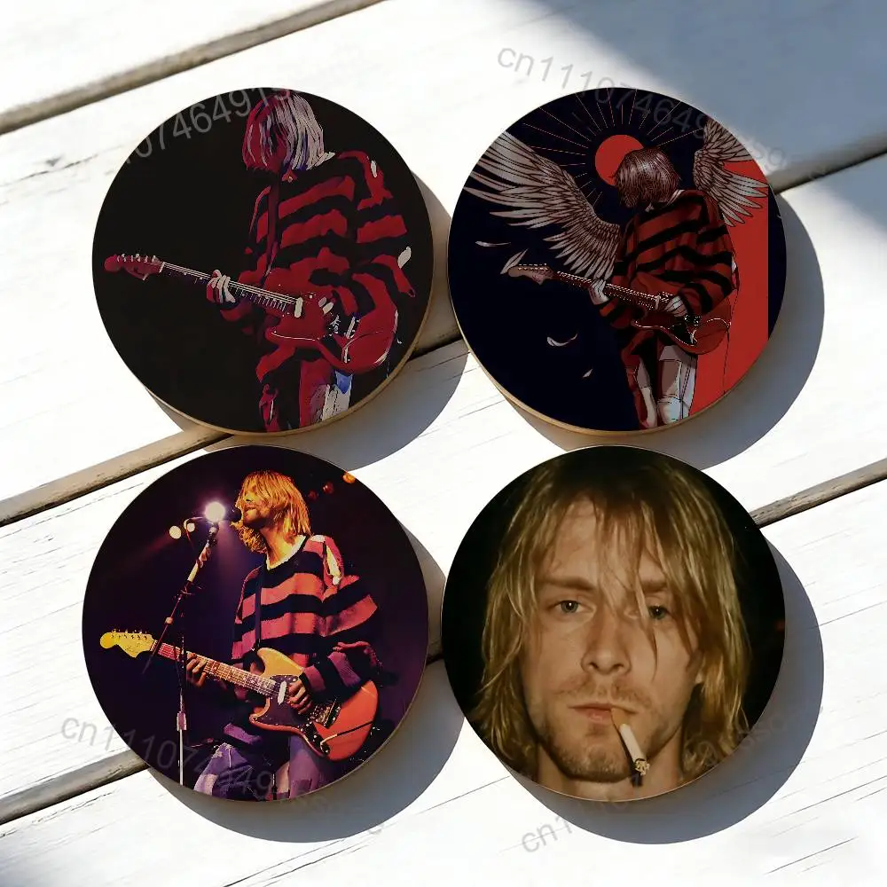 

K-Kurt-t C-Cobain Wooden Coaster Tea Coffee Cup Pad Heat Resistant Round Bowl Teapot Mat Home Wood Placemats Decor Coasters