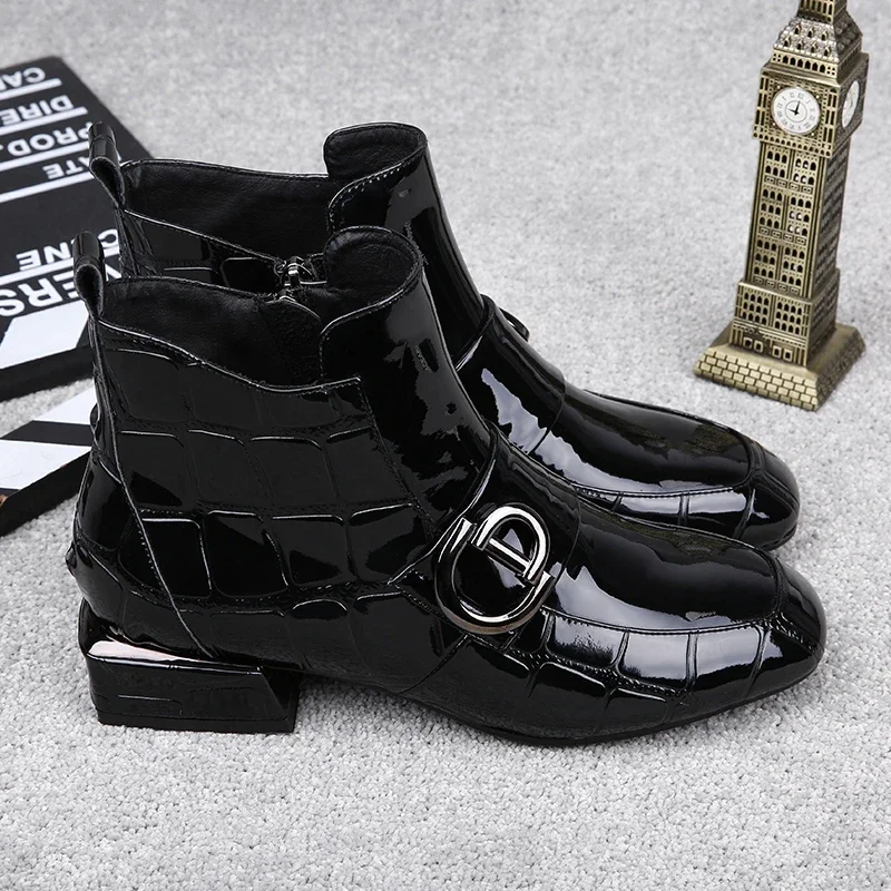 2024 Spring Ankle Boots Women Winter Single Shoes Velvet Low-heeled Patent Leather Pointed Thick Fashion Woman Boots Size 42