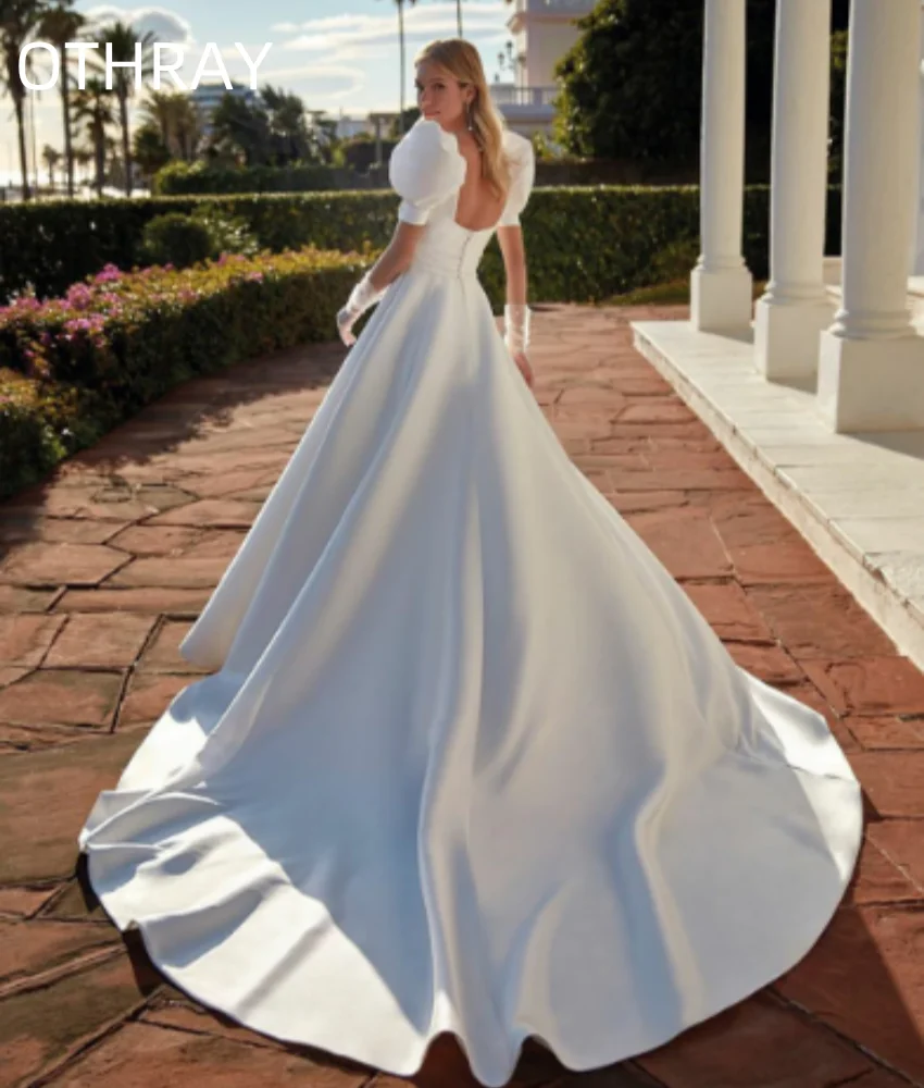 Shory Puff Sleeves Square neck Elegnat Bride Dress Backless Bridal Gowns A Line Boho Satin Wedding Dresses For Women  2024