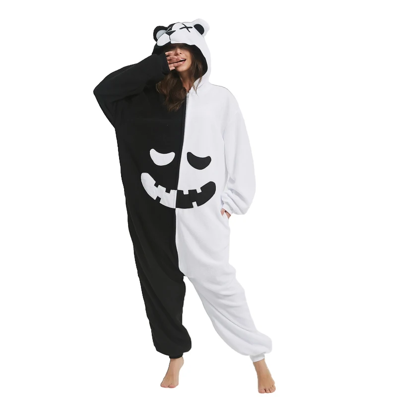 Hot Anime Bear Cosplay Pajama Adult Onesie Anime Jumpsuit Black White Bear Animal Pajamas Women Halloween Party Suit Overall