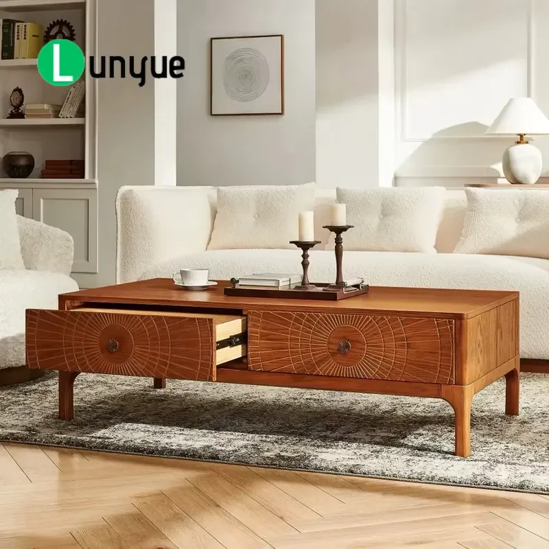 Medieval Style Sun Pattern Coffee Table with 2 Drawers Personalized Storage Furniture for Living Room Customizable Design
