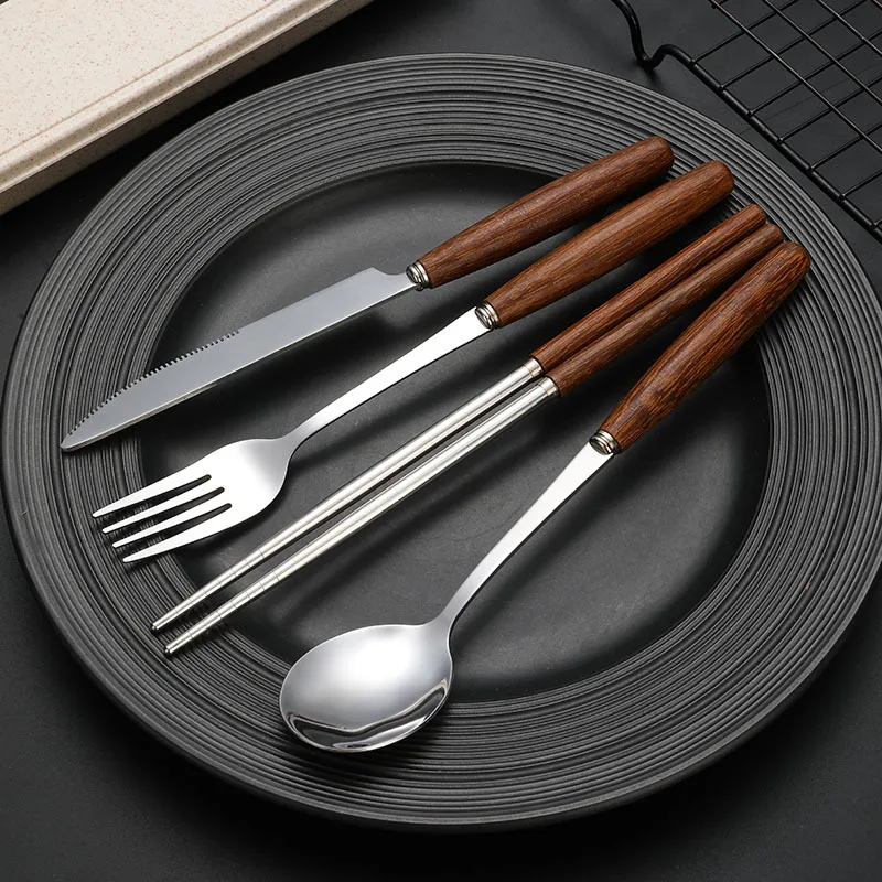 Stainless Steel Cutlery Set with Wooden Handle Sliver Korea Spoon Chopsticks Steak Knife Forks Tableware Utensils for Kitchen