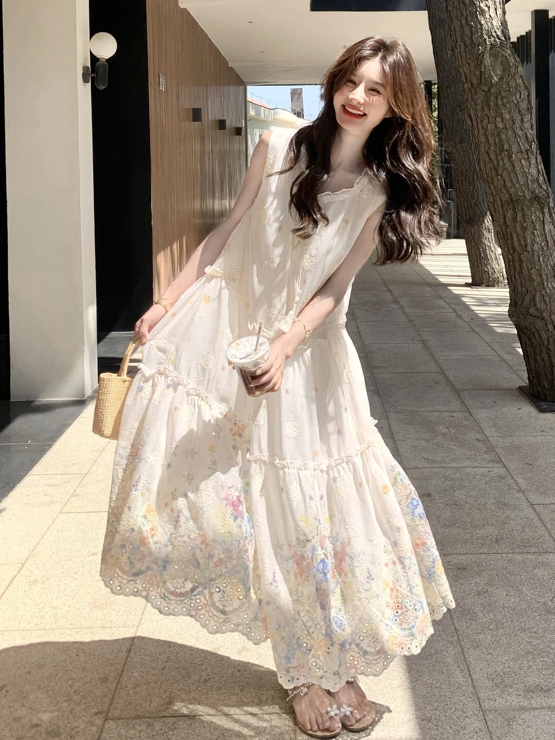 Sweet Daily Feel Simple Embroidered Print Dr Women's Summer Tassel Bow Ne Long Skirt A-Line Gown No-Sve Polyester Fabric