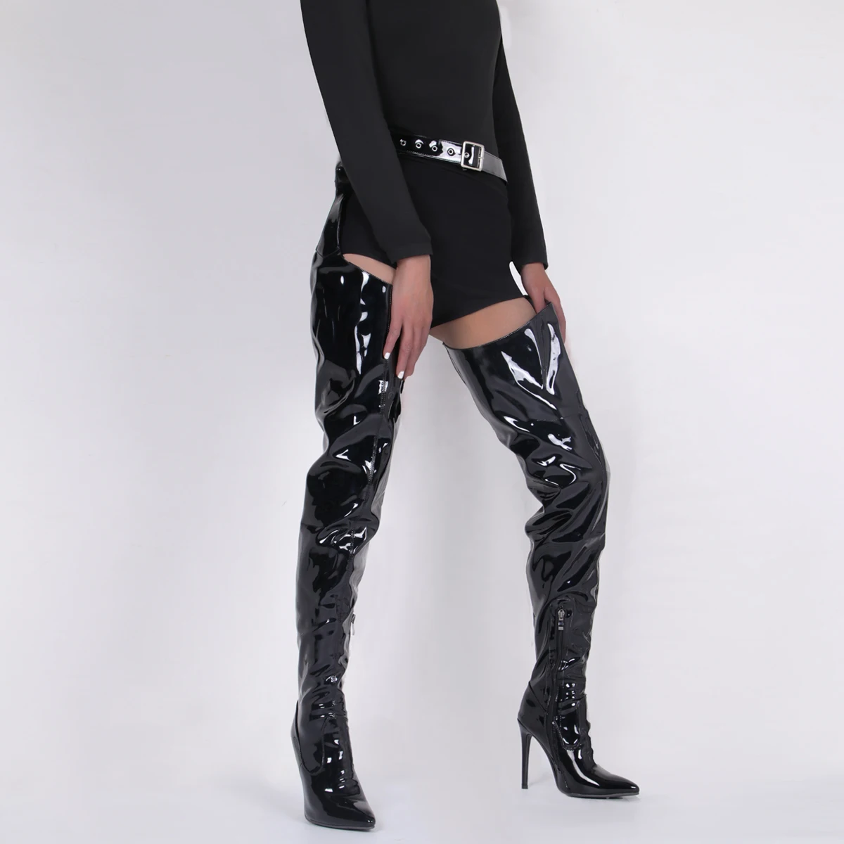 Black Size 46 Sexy Stiletto Heel Night Club Belt Buckles Over The Knee Boots Pu Leather Thigh High Boots Female