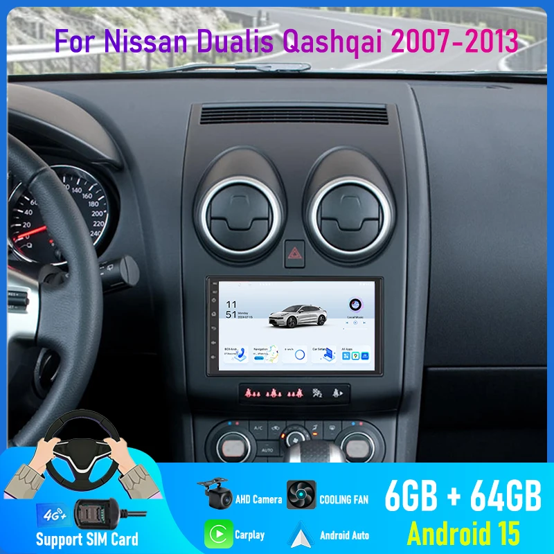 

7'' For Nissan Dualis Qashqai 2007-2013 Car Radio 4G SIM Wireless Android 15 Auto BT GPS Google Map 2DIN Steering Wheel Control