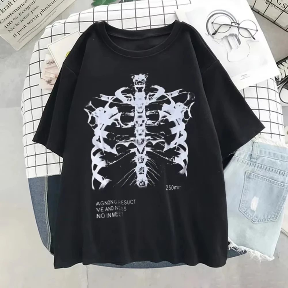 Gothic Hip Hop Streetwear Y2k Harajuku T-Shirts mit Skelett-Print, schwarze Gothic-Kleidung, lässige, lockere T-Shirts mit kurzen Ärmeln und Rundhalsausschnitt, unisex. – Detail 8