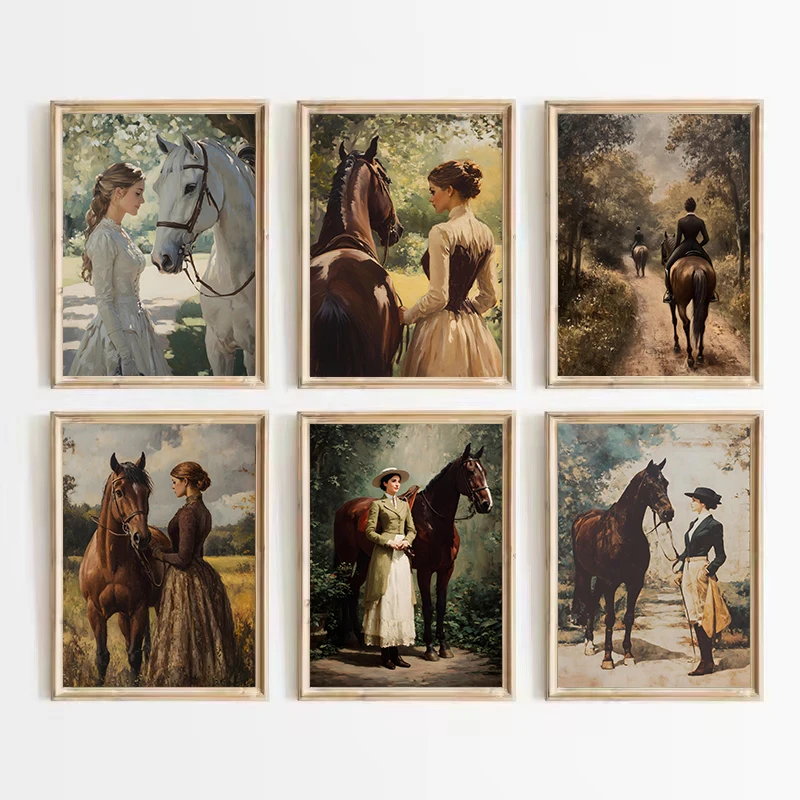 Vintage Romantic Equestrian Noble Woman Countryside Horse Riding Scene Poster Canvas Painting Wall Art Pictures Home Decor