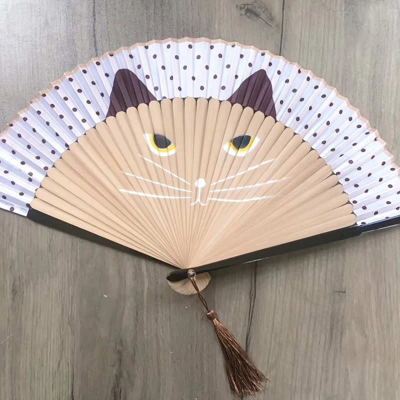 1pc Hand-Drawn Cartoon Cat Design Bamboo Folding Fan, Chinese Paper Hand Fan, Summer Fashion Accessory for Women