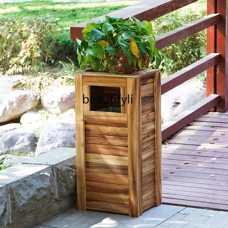 GY Outdoor Solid Wood Trash Can Park Scenic Spot Community Sanitation Ash Bucket Carbonized Wood Anti-Corrosion Trash Can