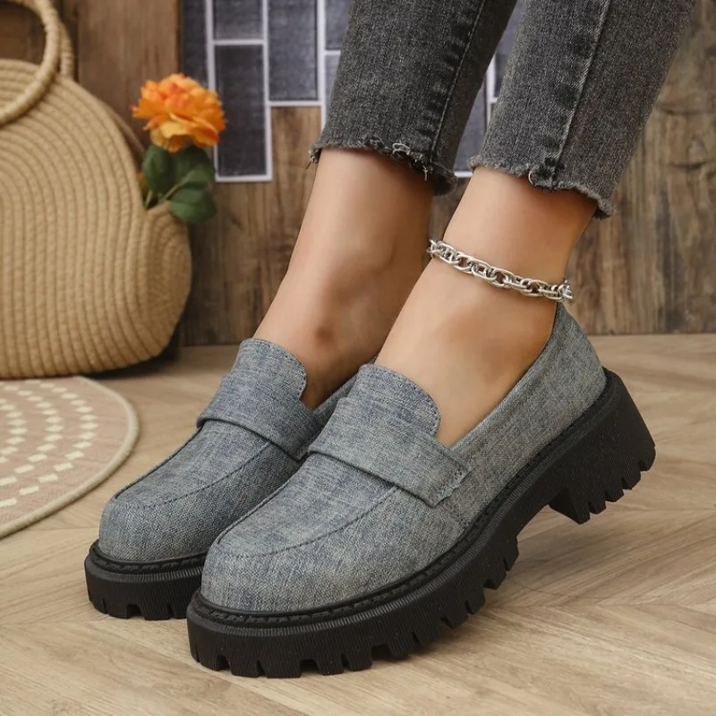 Retro British Style Platform Loers Women 2025 Plus Size 42 Round Toe Single Shoes Woman Thick Bottom Leather Oxford  Shoes Mujer