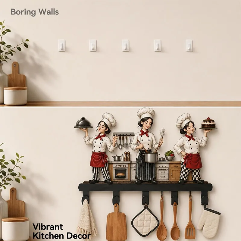 Cute Chef Statue Kitchen Wall Hook Rack, Utensil Hooks, Kitchen Towel Hooks, Rustic Metal Decorative Hooks with 5 Hooks