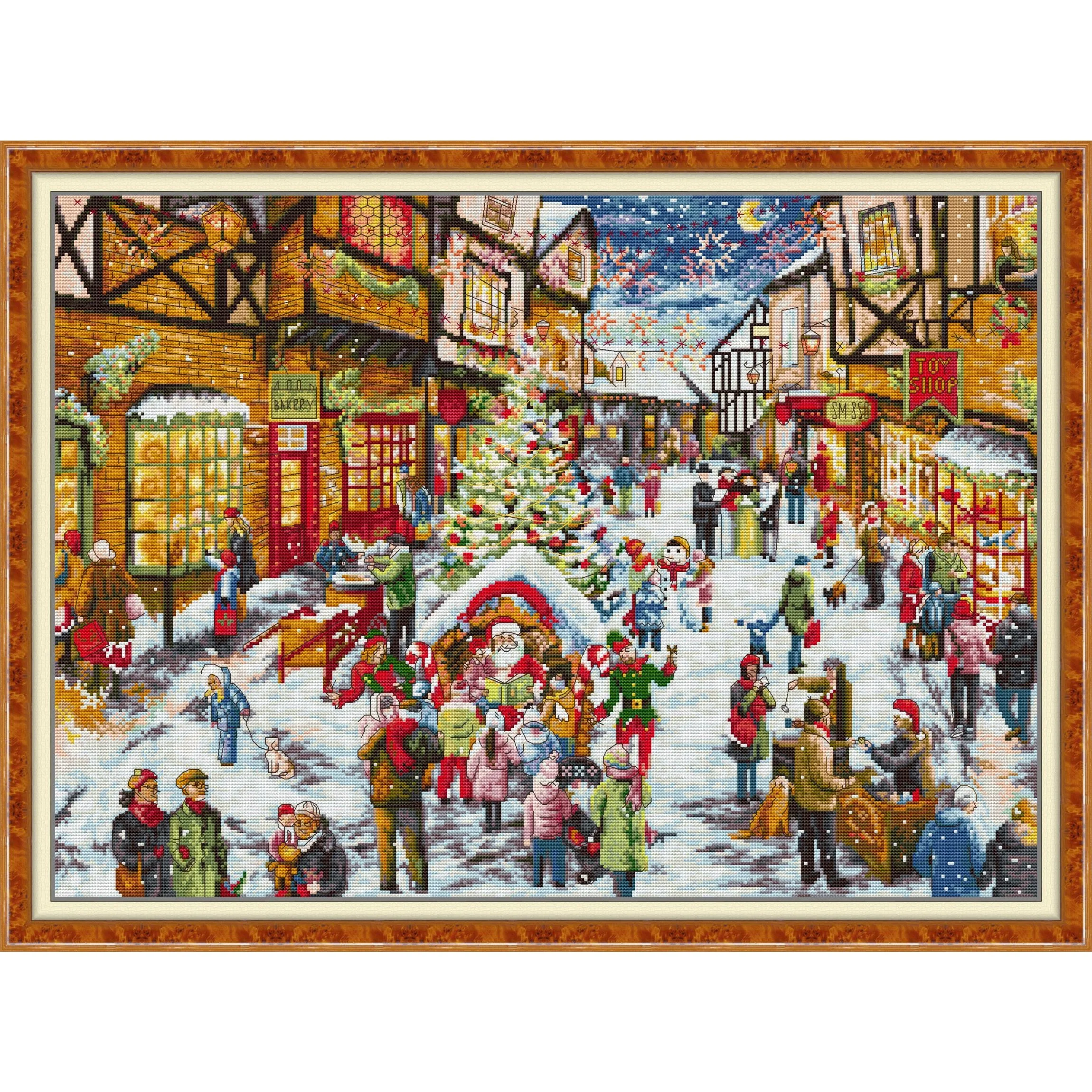 

Joy Sunday-Pre-printed Cross Stitch Kit, DIY Easy Pattern, Aida 14, 11CT Stamped Fabric Embroidery Set-Christmas Eve Street