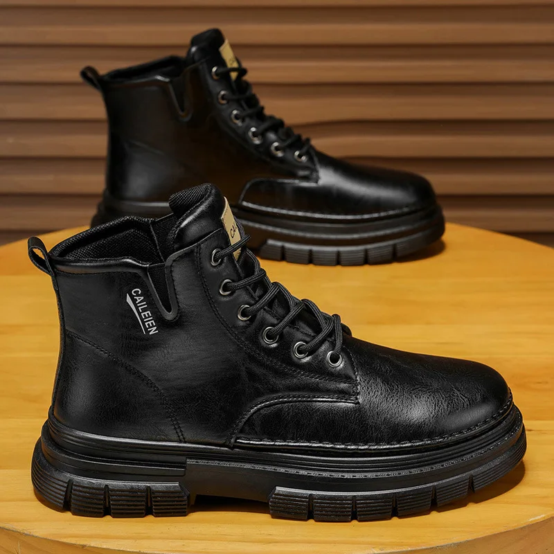 Men's High-Top British Retro Work Shoes Thick-Soled Waterproof Outdoor Casual Ankle Boots Leather Shoes