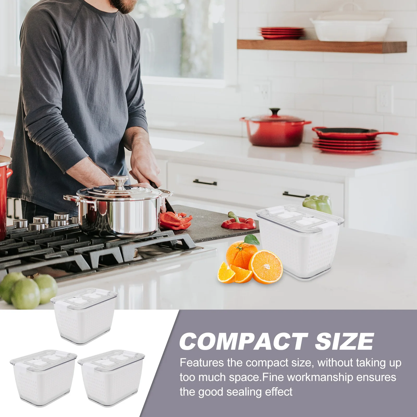 

3Pcs Food Storage Boxes Kitchen Fridge Preservation Compact Fruit Vegetable Drainage Sealing Containers Food Sealing Box