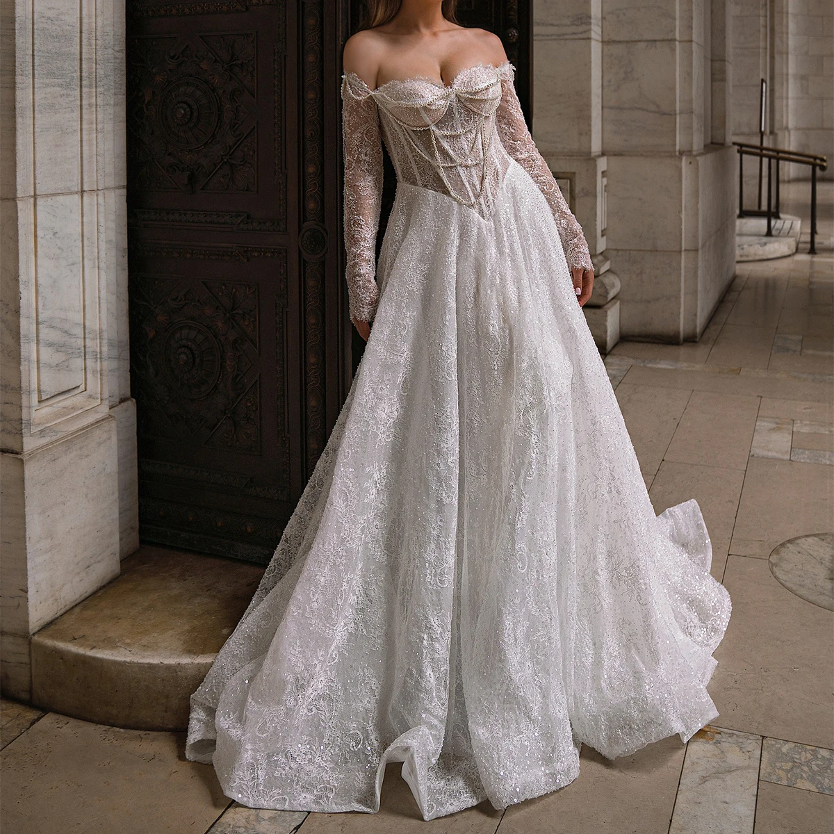 

Luxury Sweetheart Sequin Lace Wedding Dresses For Bride Vestidos Novia Long Sleeve Ball Gown Off Shoulder Bridal Party Gown