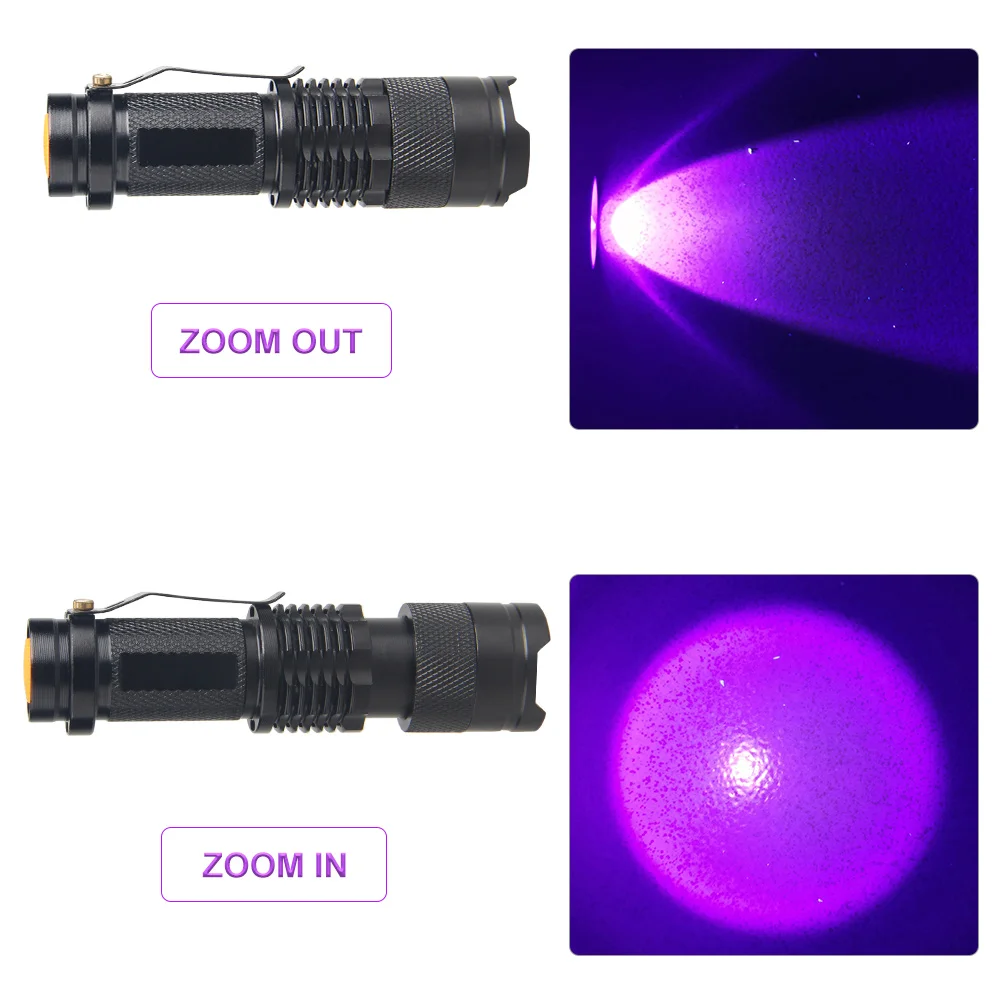 Mini lampe de poche UV zoomable avec chargement USB, torche violette, lampe ultraviolette, détecteur de scorpion d'urine animale, 3 modes, 365nm, 395nm