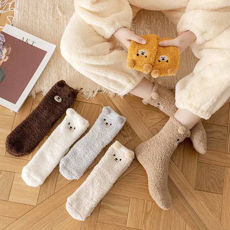 

6 Pairs Thick Fuzzy Embroidered Bear-Print Floor Cozy Socks for Women Kawaii Cartoon Sleeping Socks Cute Winter Socks Hosiery