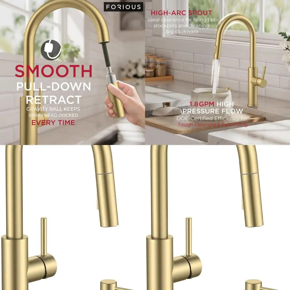 

Modern Brushed Gold Single Handle Kitchen Faucet with Pull-Down Spray and Soap Dispenser, Deck Mount for RV, Laundry, Outdoor Us