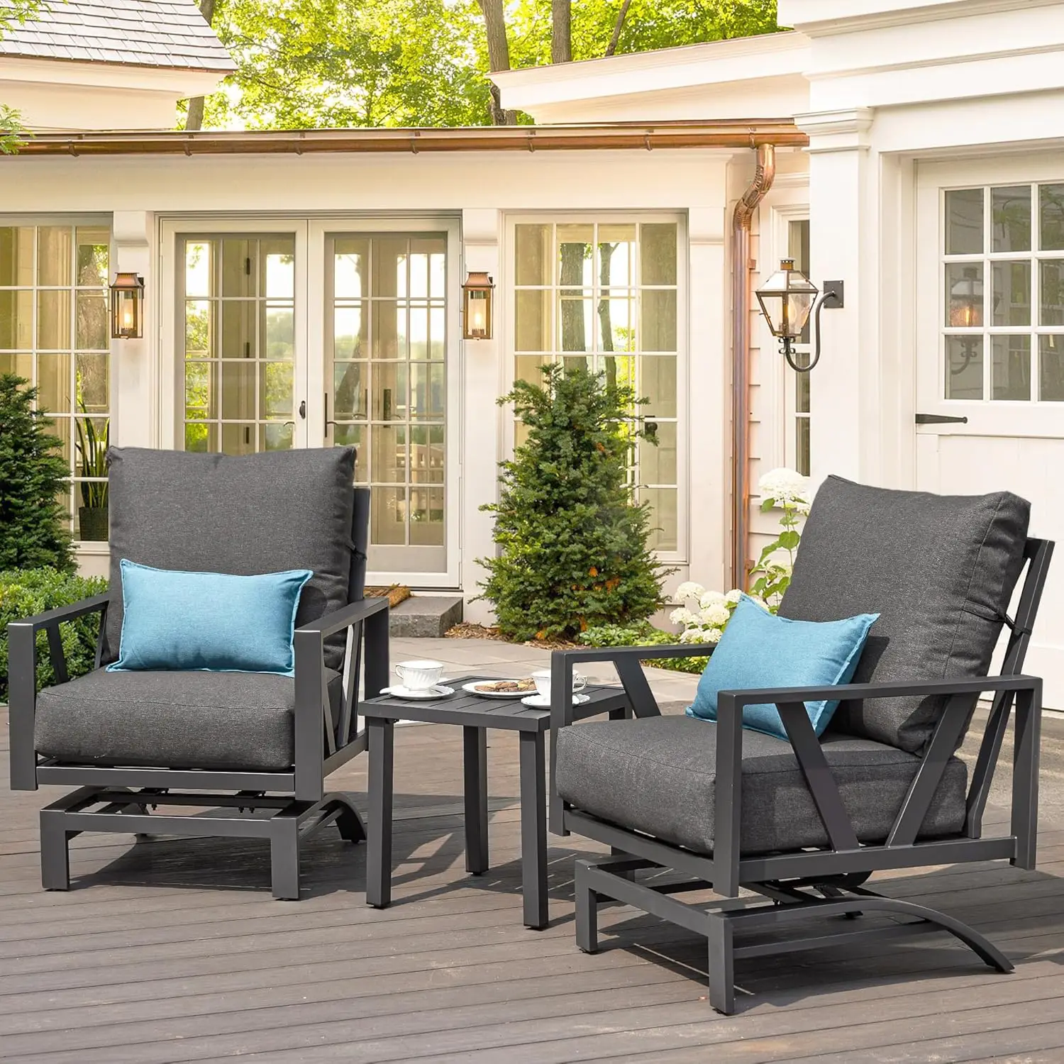 Outdoor Patio Porch Furniture Set 3 Pieces Patio Bistro Conversation Set with Coffee Table Metal Patio Motion Rocker Chairs Grey