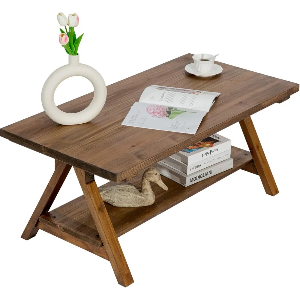 Rustic Farmhouse Style Solid Fir Wood Coffee Table - 42.5 Rectangle Wooden Living Room Furniture with Rustic Charm
