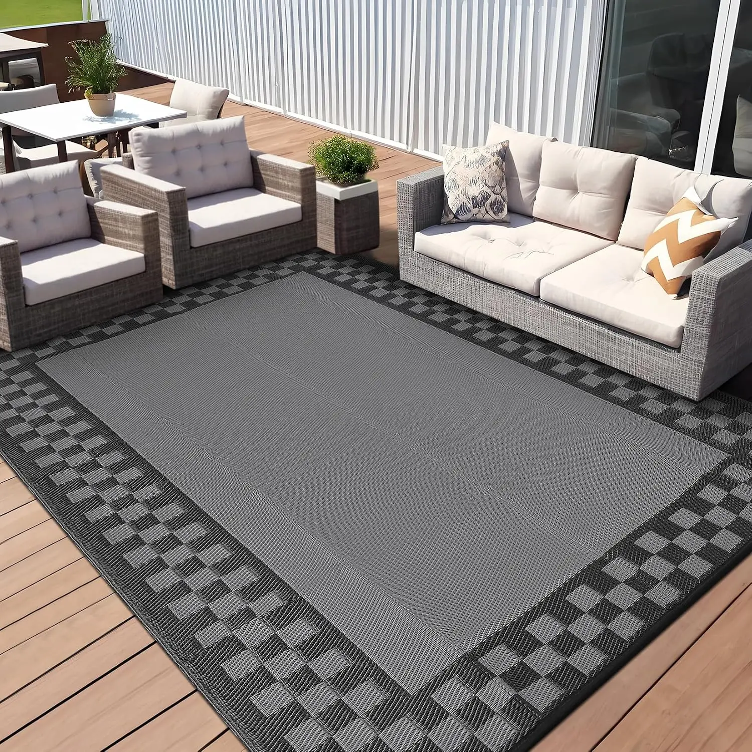 10x14 Large Outdoor Rug Waterproof Weather Resistant Patio Rug with Stakes & Carry Bag, Reversible Plastic Straw Modern Outdoor