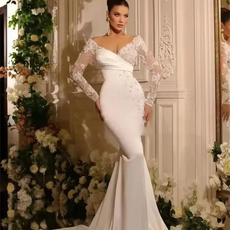 Vestidos de novia de sirena de Dubái, ropa de manga larga con encaje, flores, perlas, cuentas, hombros descubiertos, tren desmontable, 2024