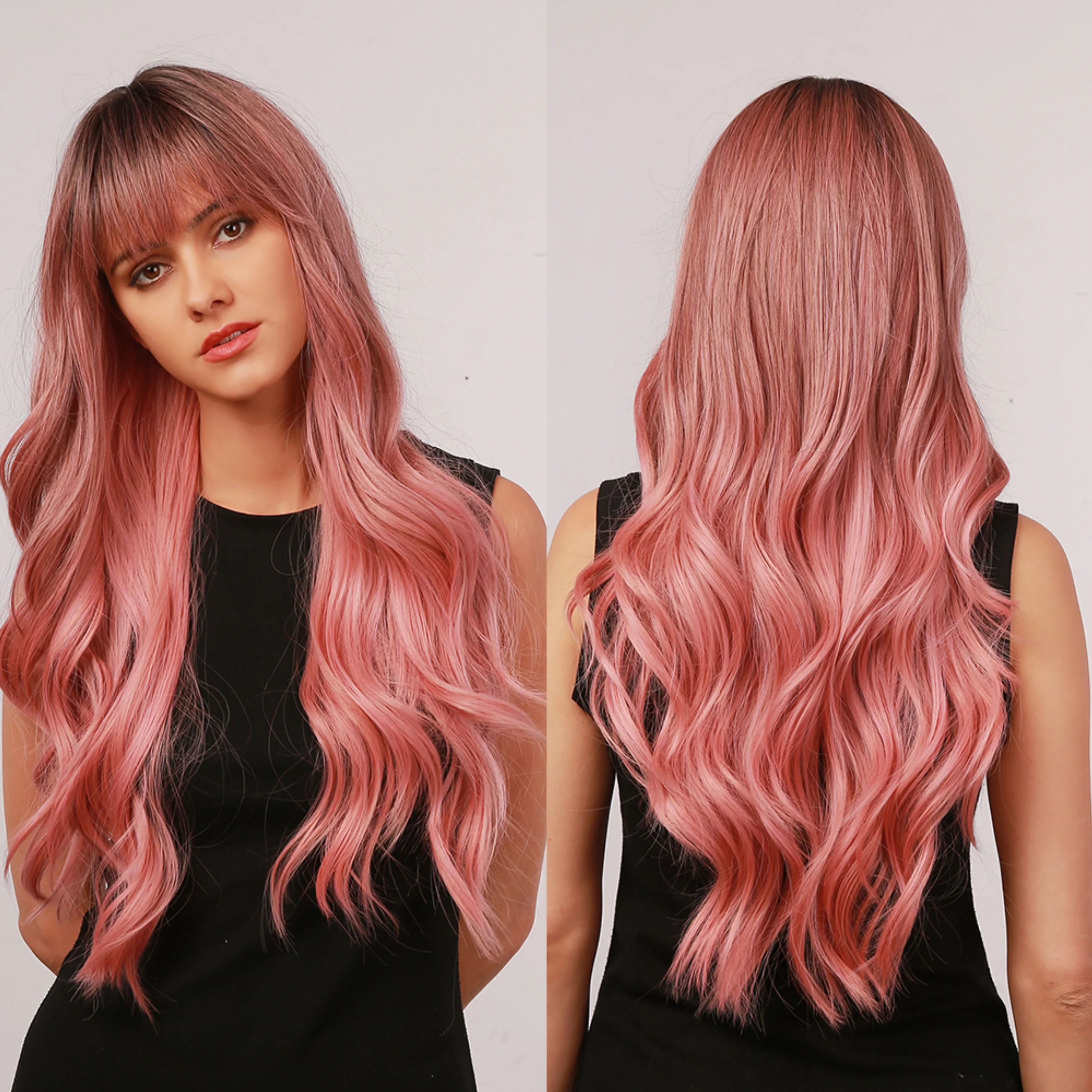 oneNonly Omber Pink Synthetic Wigs with Bangs Wave Wigs for Women Cosplay Party Natural Hair High Quality Wig