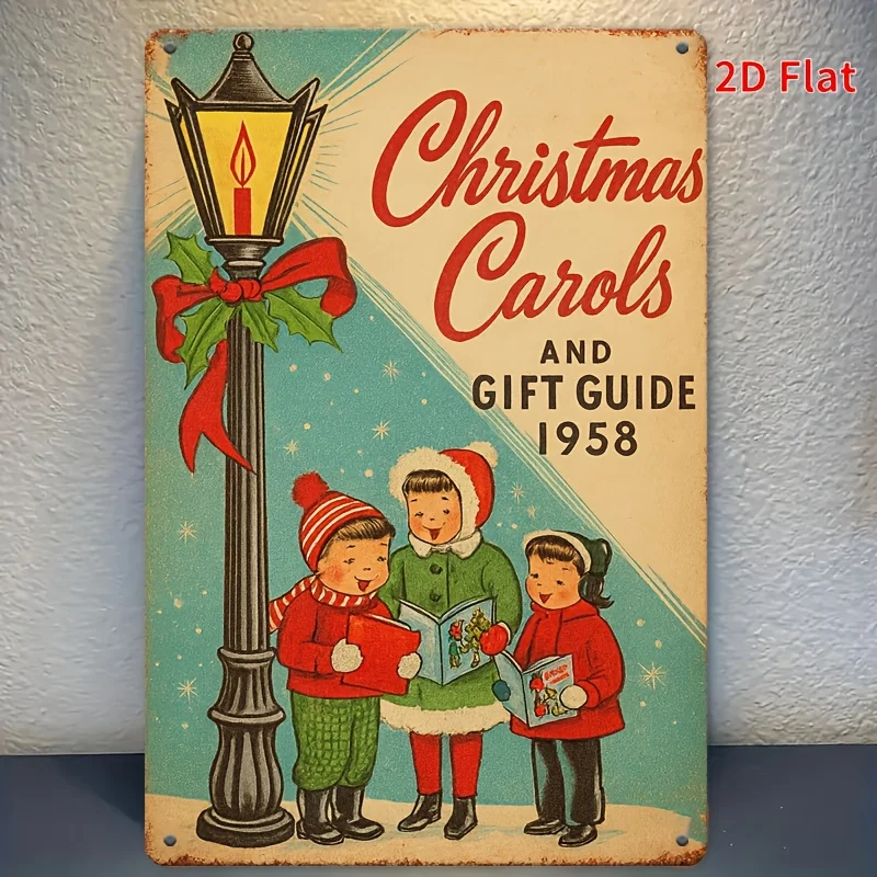 1958 Christmas Carol Metal Sign -   Rustic Holiday Wall Decor with Santa Hat Characters, Durable Aluminum Indoor/Outdoor Art f