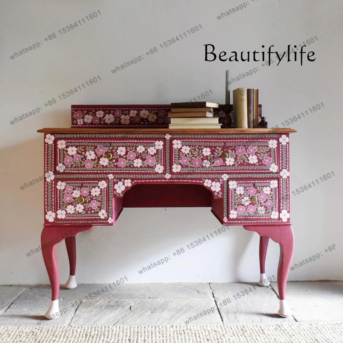 

Французский розовый столик для макияжа из цельного дерева, ручная роспись, американский простой домашний цветок для спальни