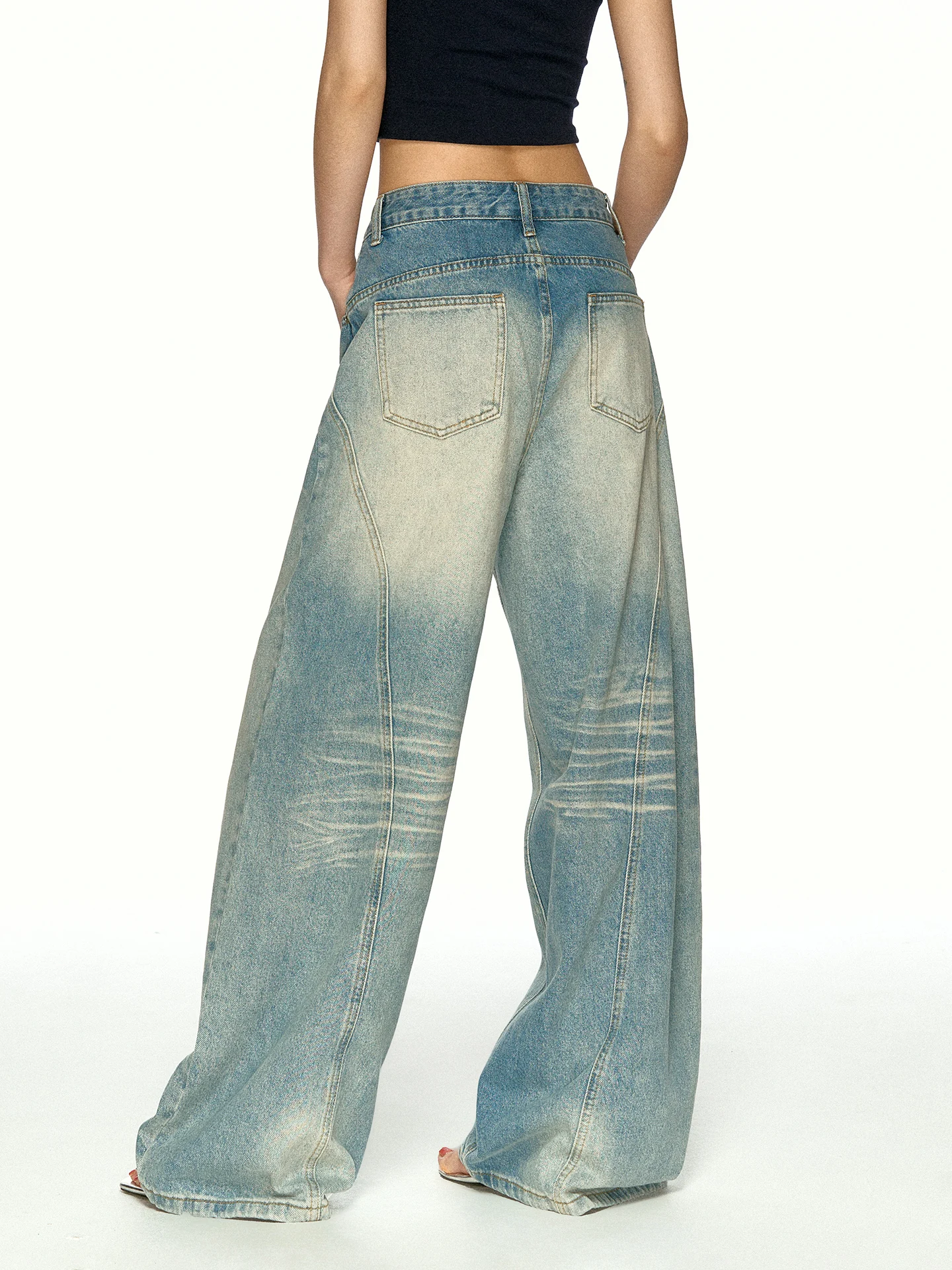 Aaisup American Retro Washed Blue Jeans Women's Summer Loose Drapey Versatile Slimming Wide Leg Floor-Length Pants