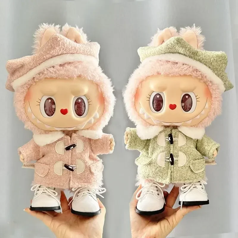 38cm Labubu Mokoko Plush Idol Doll Cute Beret and Tweed Coat Set Woolen Overcoat Accessories